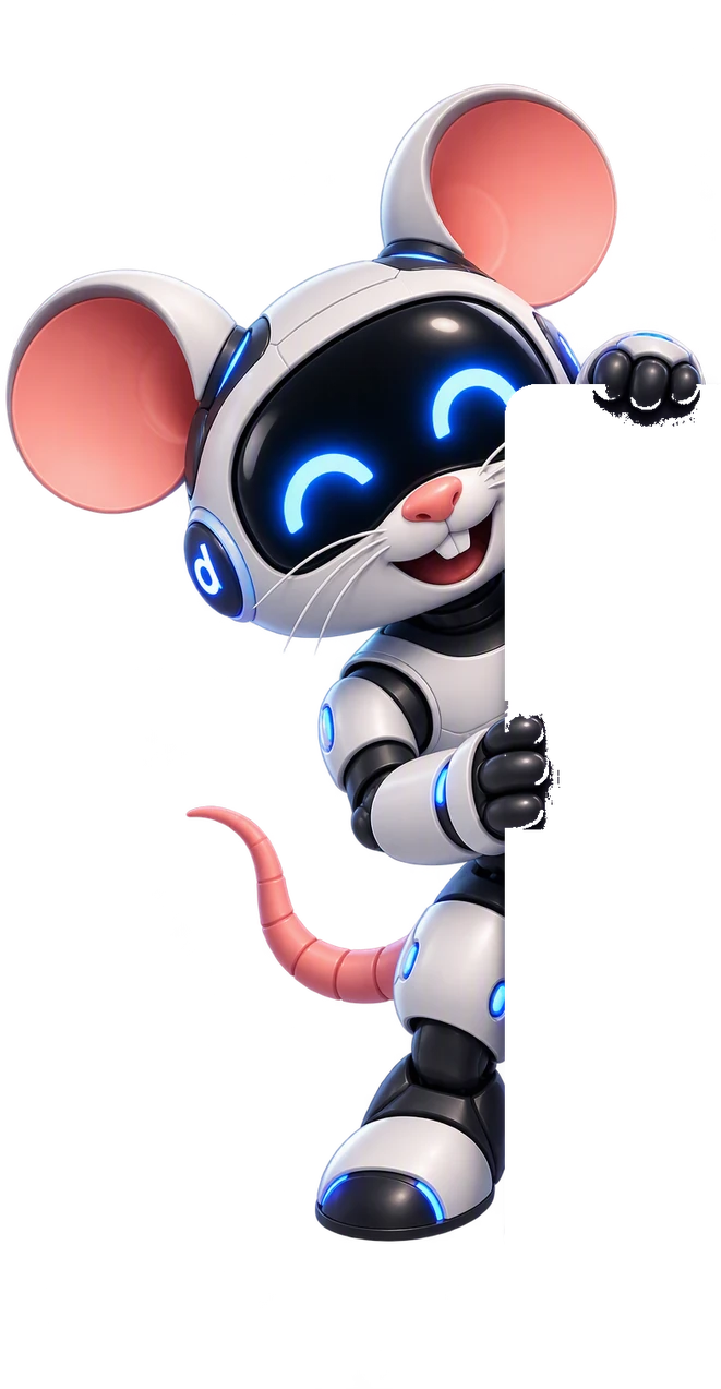Maskot Detary Design – robotická myška drží cenník